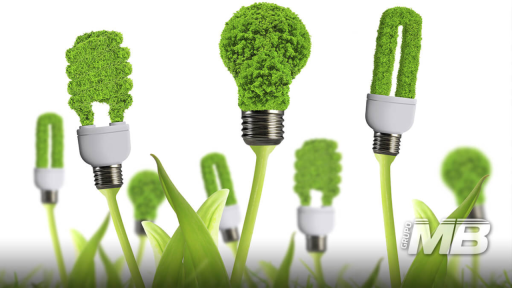 A imagem mostra alguns tipos de lâmpadas verdes, como se fossem as flores de plantas.